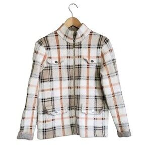 Rachel Zoe Knit Fuzzy Shacket Women's Medium Full Zip Tan Plaid  Soft Pockets